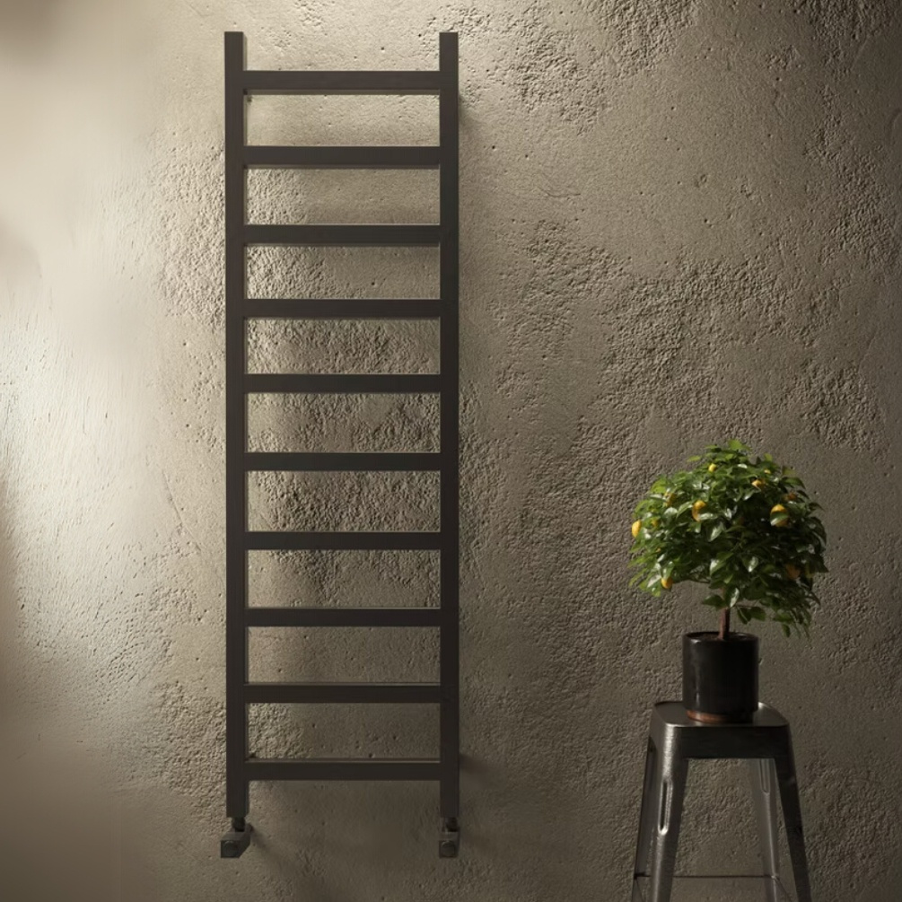 Lifestyle image of the Radox Eros 1750mm x 500mm Matt Black Heated Towel Rail